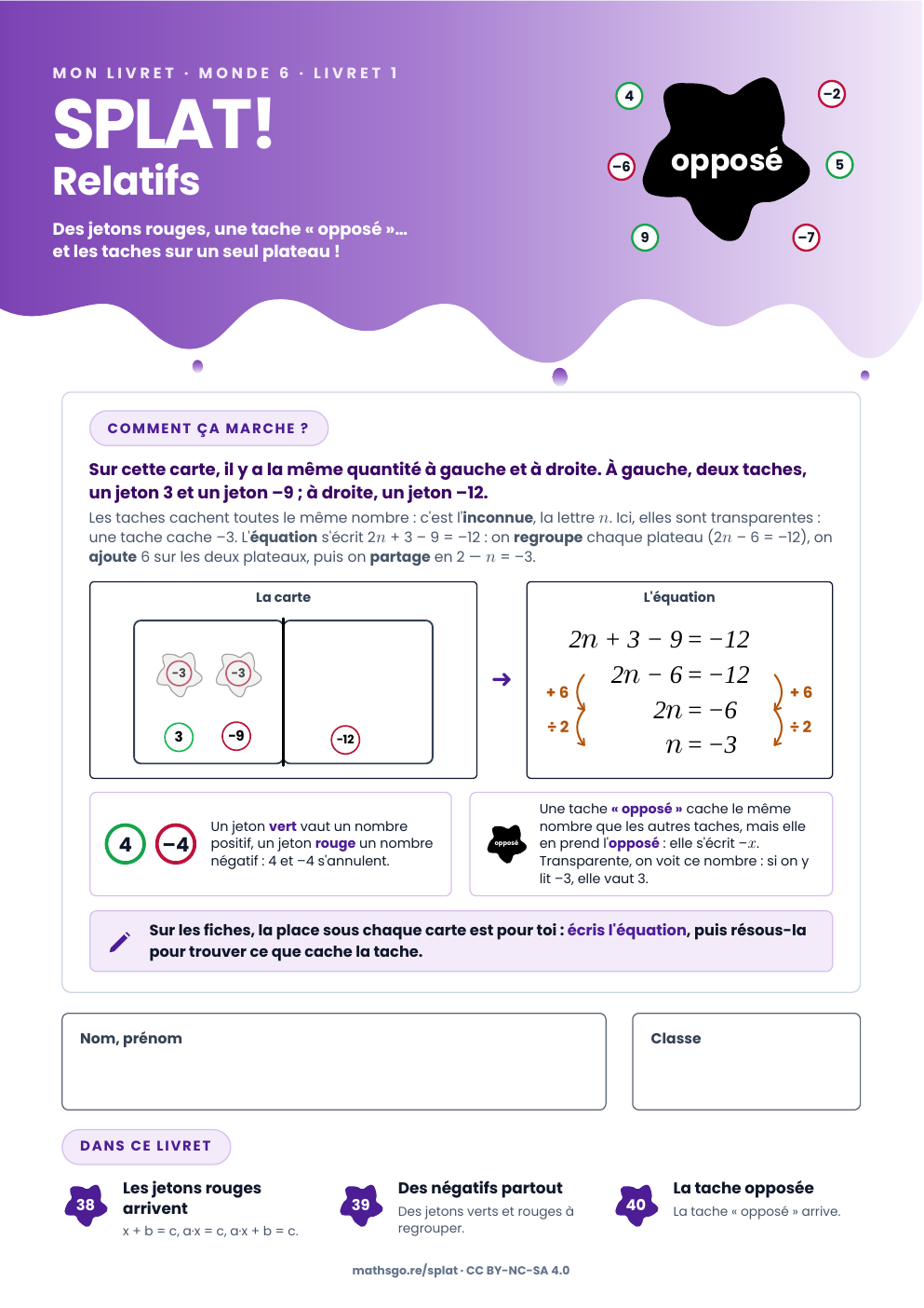 Couverture du livret 1 de SPLAT! Relatifs, les taches sur un seul plateau