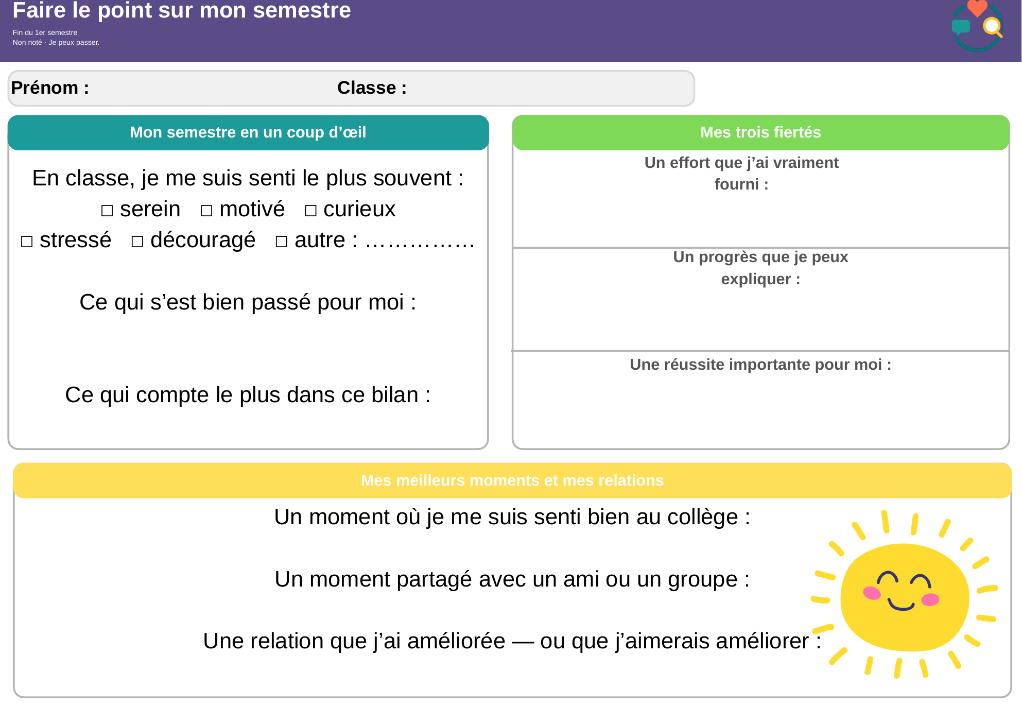 Page 1 : faire le point sur mon semestre