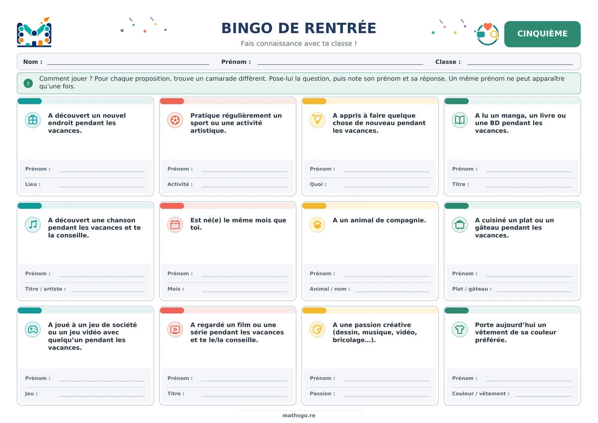 Aperçu du bingo de rentrée pour la cinquième