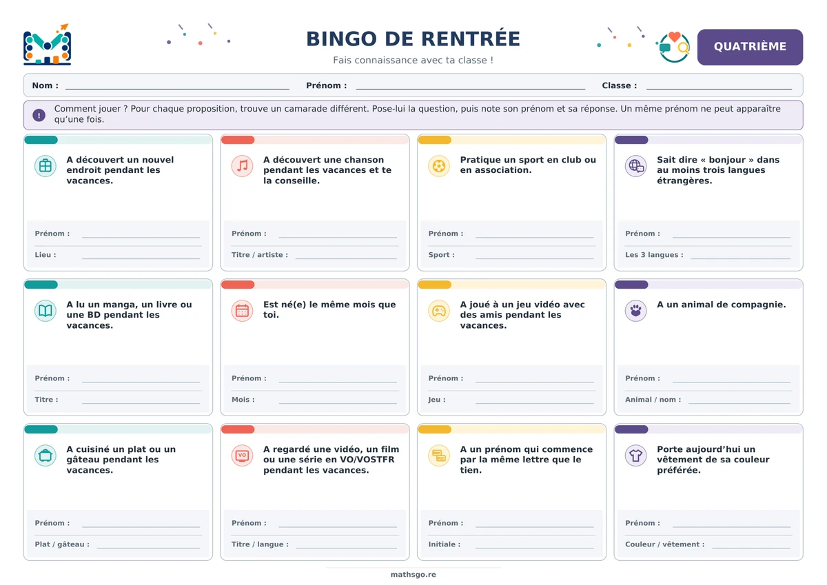 Aperçu du bingo de rentrée pour la quatrième