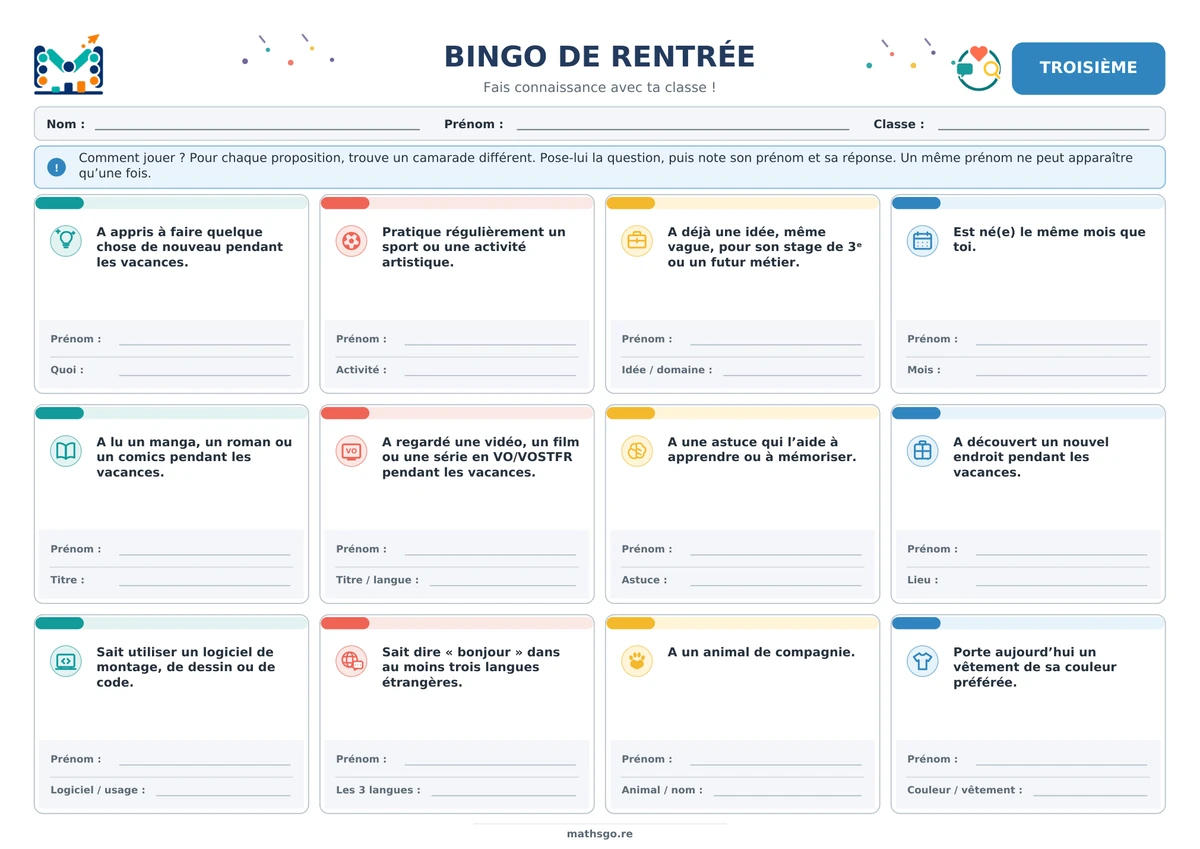 Aperçu du bingo de rentrée pour la troisième
