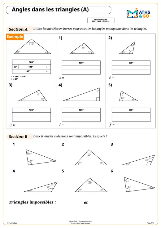 Première page de la fiche sur les angles dans les triangles