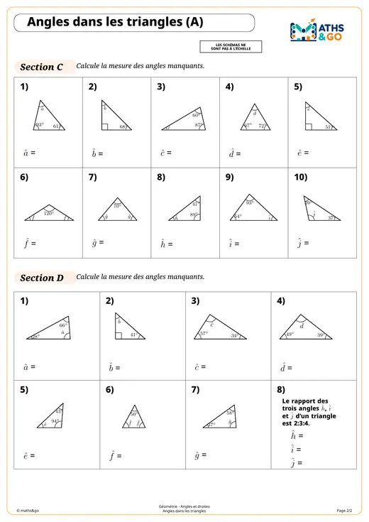 Deuxième page de la fiche sur les angles dans les triangles